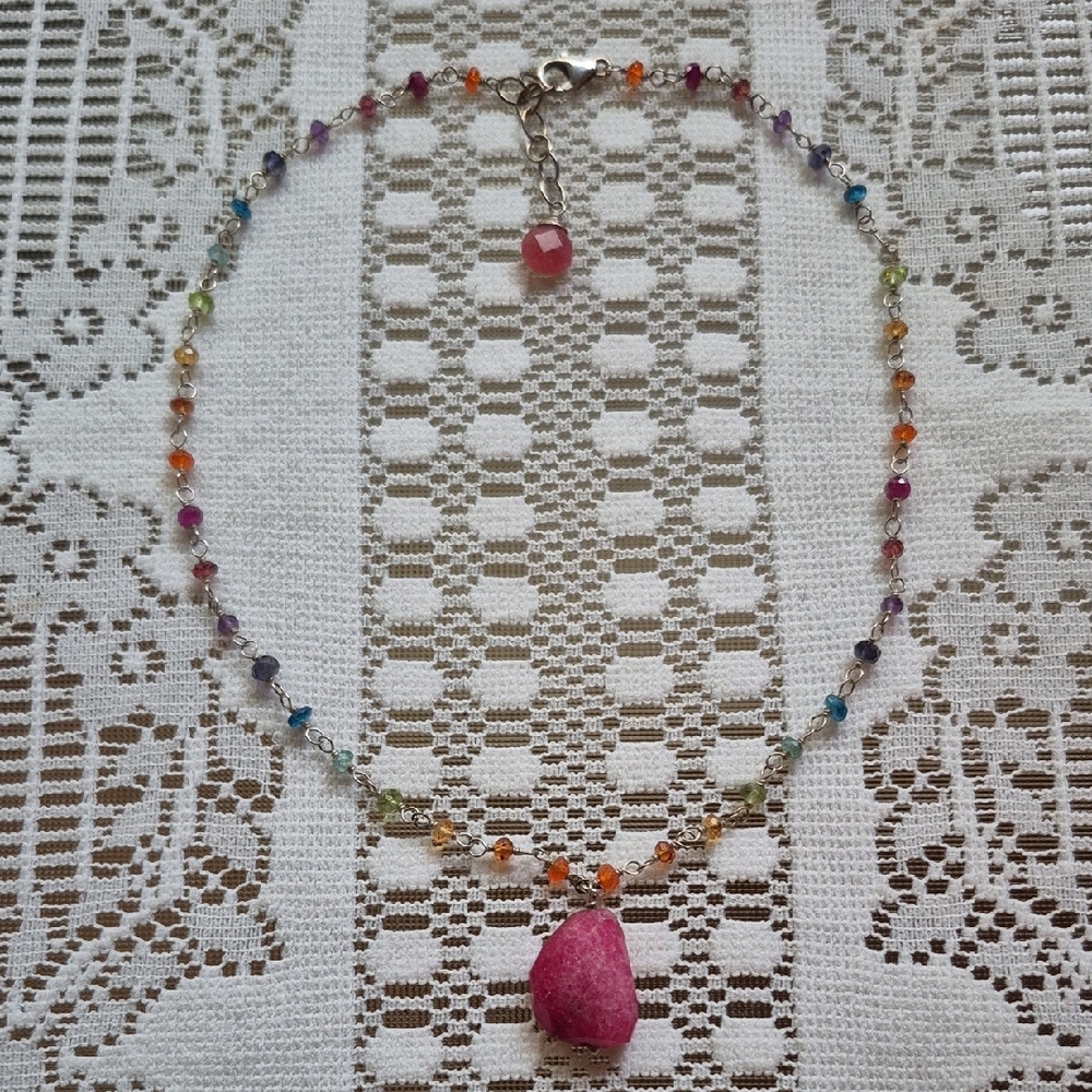 Multicolor Gemstone Necklace with Pink Pendant